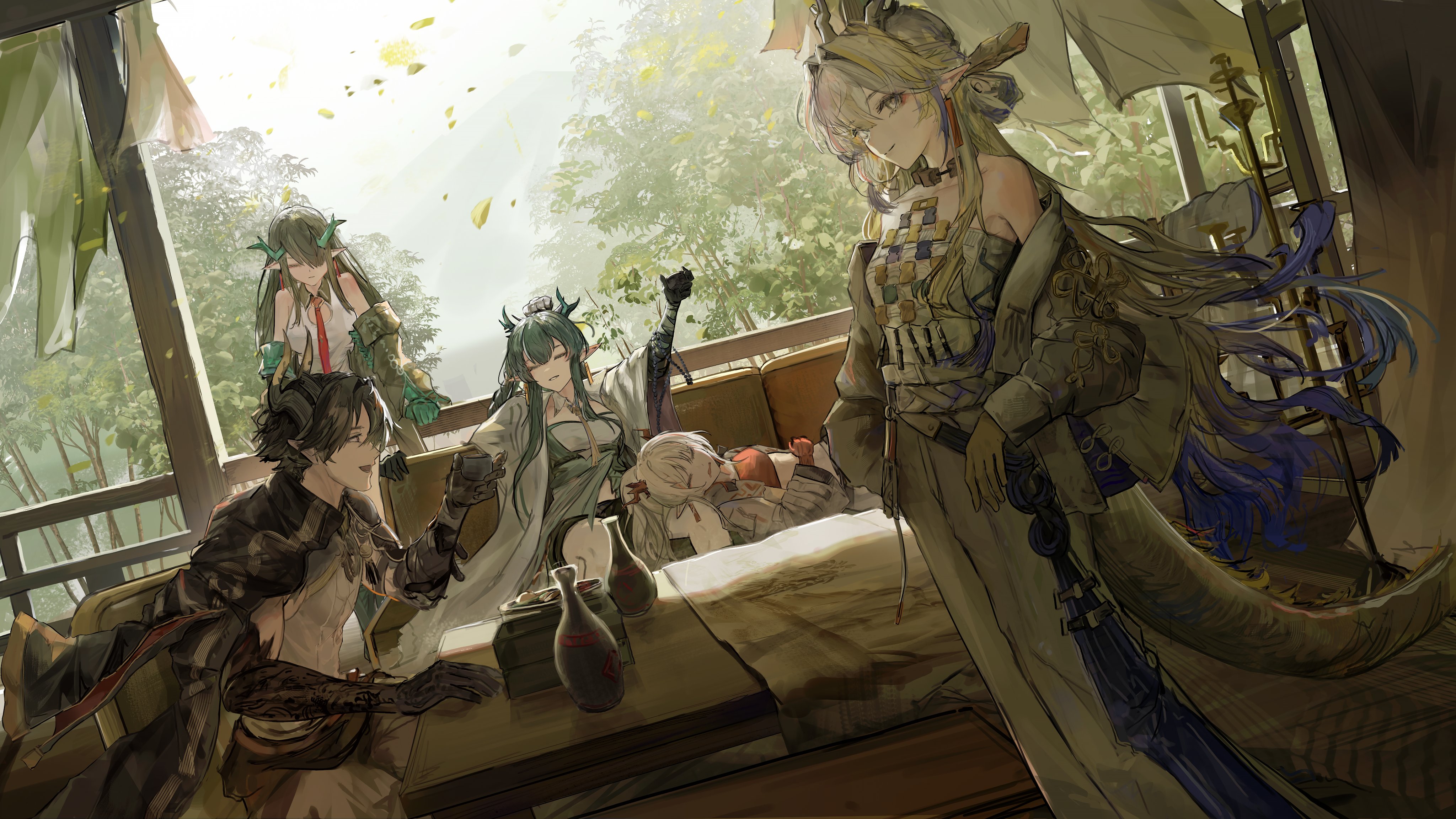 he image is a digital painting depicting a group of animestyle female characters, some with elflike ears and horns, one with a dragon tail. they are in a relaxed setting, sitting at a table outdoors on a porchlike area with trees and natural light. some are resting, while others are interacting. the overall style is soft and warm, with a fantasy feel to the characters and their clothing and surroundings.  the art is highly detailed and shows a masterful use of light and shadow to create depth and atmosphere.