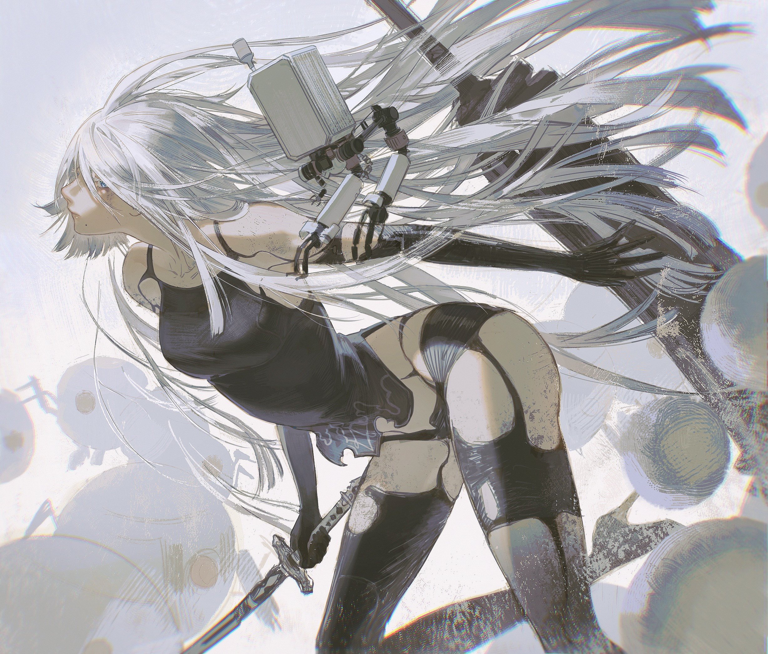 a digital illustration of an anime girl with long white hair. she is wearing a black outfit and holding a sword. the background is white and has a futuristic feel.