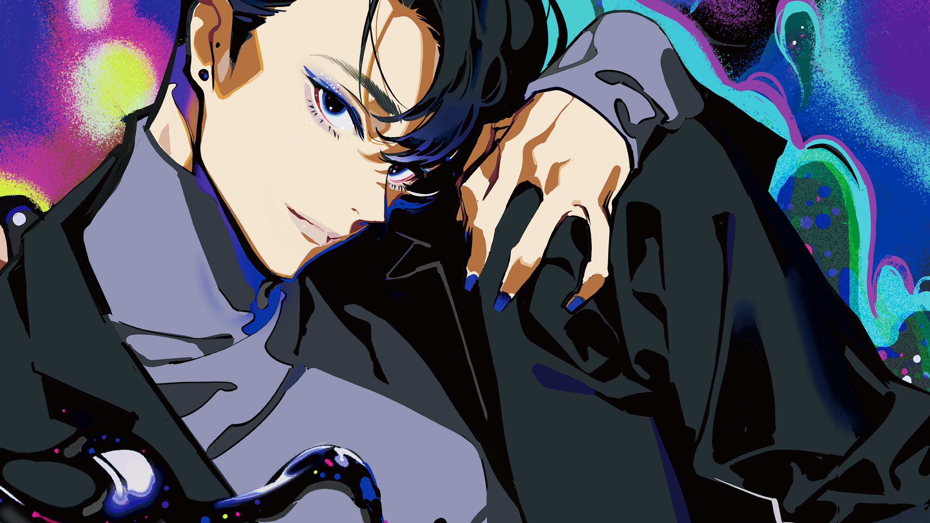 this is a digital illustration of a young anime man. he has black hair and blue eyes, and he is wearing a black jacket. he has blue nail polish on and is striking a pose.  the background is colorful and abstract.  it is a cool and stylish piece of art.
