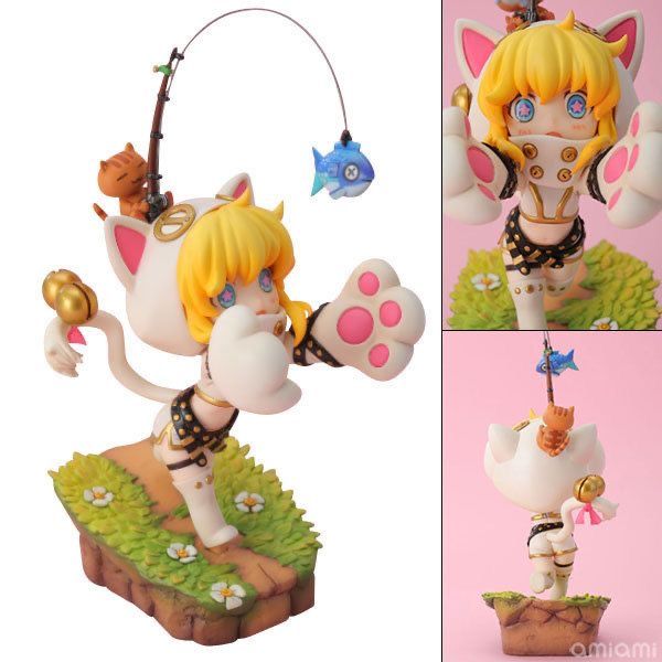the image shows a collectible figurine of a cute cat girl anime character.  the character has blonde hair, a white catlike costume, and pink paws. she's holding a fishing rod with a small fish on it.  the figurine is set on a small diorama with grass and flowers.  the image also includes smaller views showcasing different angles of the figurine, including a back view and a close up of the cat girl's face. the background color is pink. the last image includes the amiami logo.