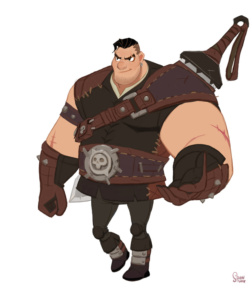a digitally illustrated, cartoonstyled warrior stands against a white background. he's heavily built with exaggerated muscles and scars, suggesting a life of battle. he wears dark brown leather armor and carries a large sword strapped across his back. his expression is confident, bordering on smug. the overall style is reminiscent of western animation.