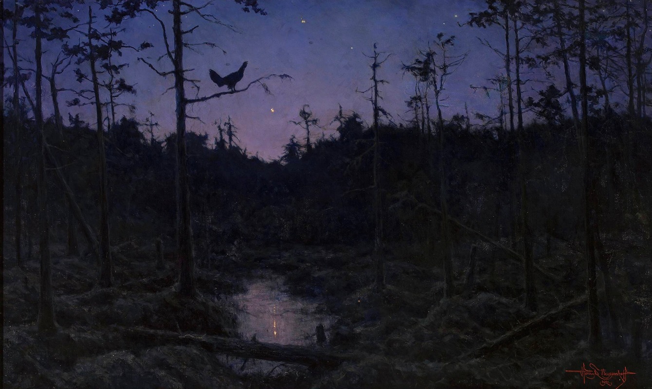 a dark, atmospheric painting depicts a forest at night. tall, silhouetted trees rise against a deep blue and purple sky dotted with a few stars. a large bird is perched on a branch of one of the trees in the upper left. in the foreground, there is a dark body of water with a subtle reflection of light. a fallen log lies across the water, and a small, indistinct figure is situated on the log. the overall tone is mysterious and somber.