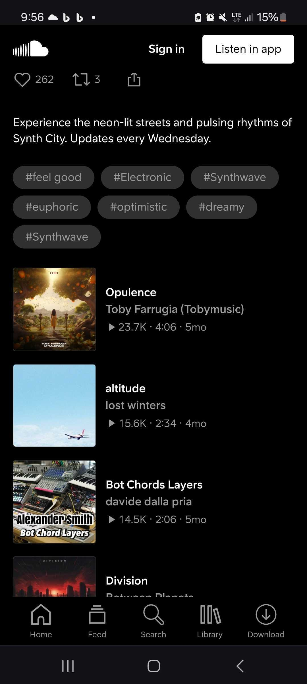 the image is a screenshot of a music streaming app, showcasing a playlist called "synth city." the playlist features electronic music with a focus on the synthwave genre. the app is in dark mode and uses a neoninspired color scheme. the screenshot also highlights keywords associated with the playlist, such as "feel good," "euphoric," and "dreamy."