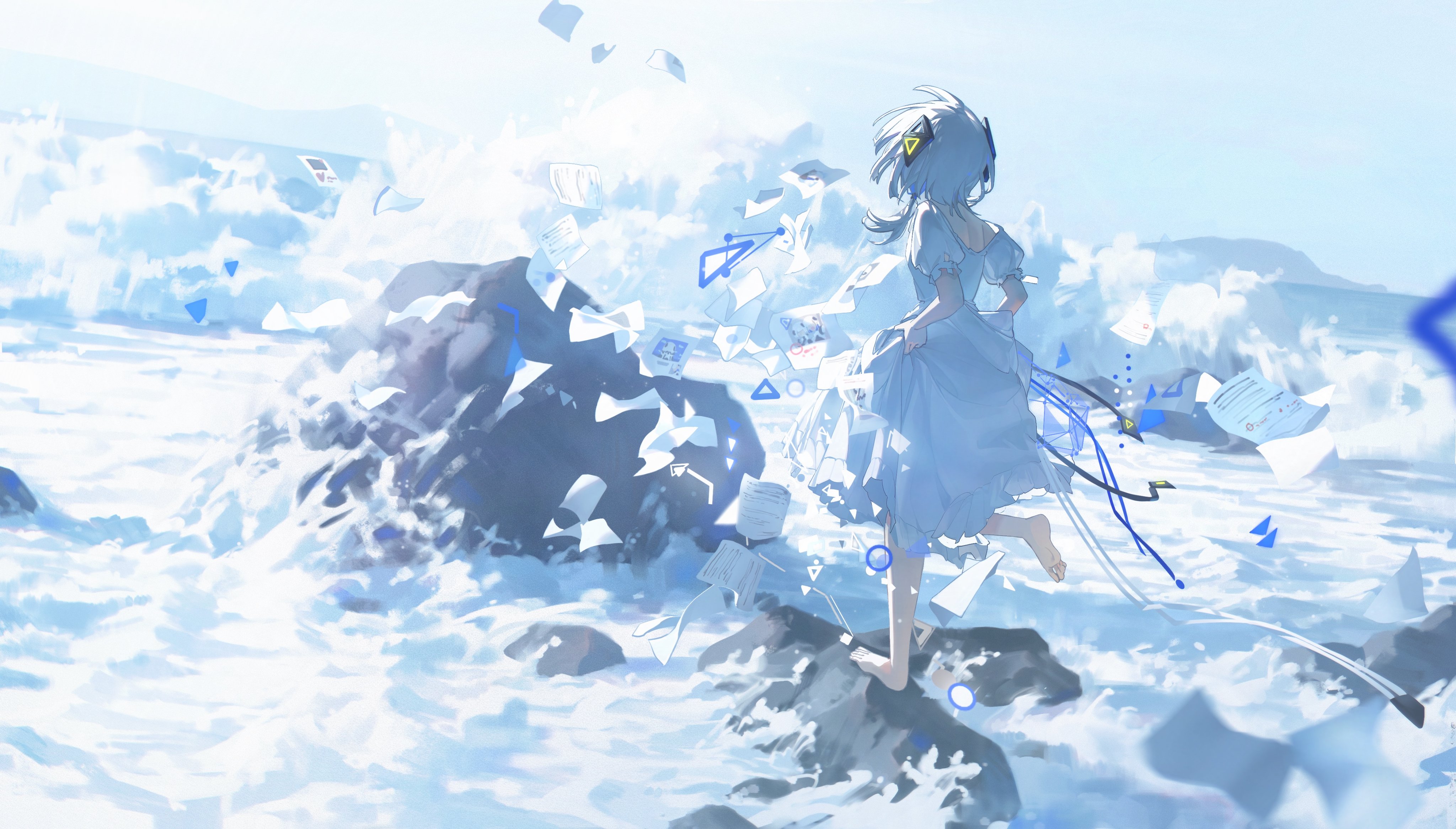 an animestyle illustration depicts a girl with short white hair and a light blue dress standing barefoot on rocks near the ocean. she is surrounded by crashing waves and floating papers, triangles, and other geometric shapes. the scene is rendered in a cool color palette of blues and whites, giving it a surreal and ethereal quality.