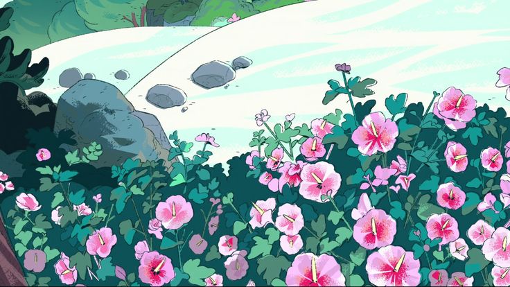 the image is a digital illustration or painting in an anime style, depicting a tranquil landscape.  a calm, shallow stream or river flows through the scene, with large, dark grey rocks scattered along its banks.  the foreground is dominated by a lush field of vibrant pink hibiscus flowers with teal green leaves.  in the background, there's a suggestion of a forest with soft green trees, giving the scene a dreamy, almost fairytalelike atmosphere. the overall color palette is soft and pastel, creating a peaceful and serene feeling.