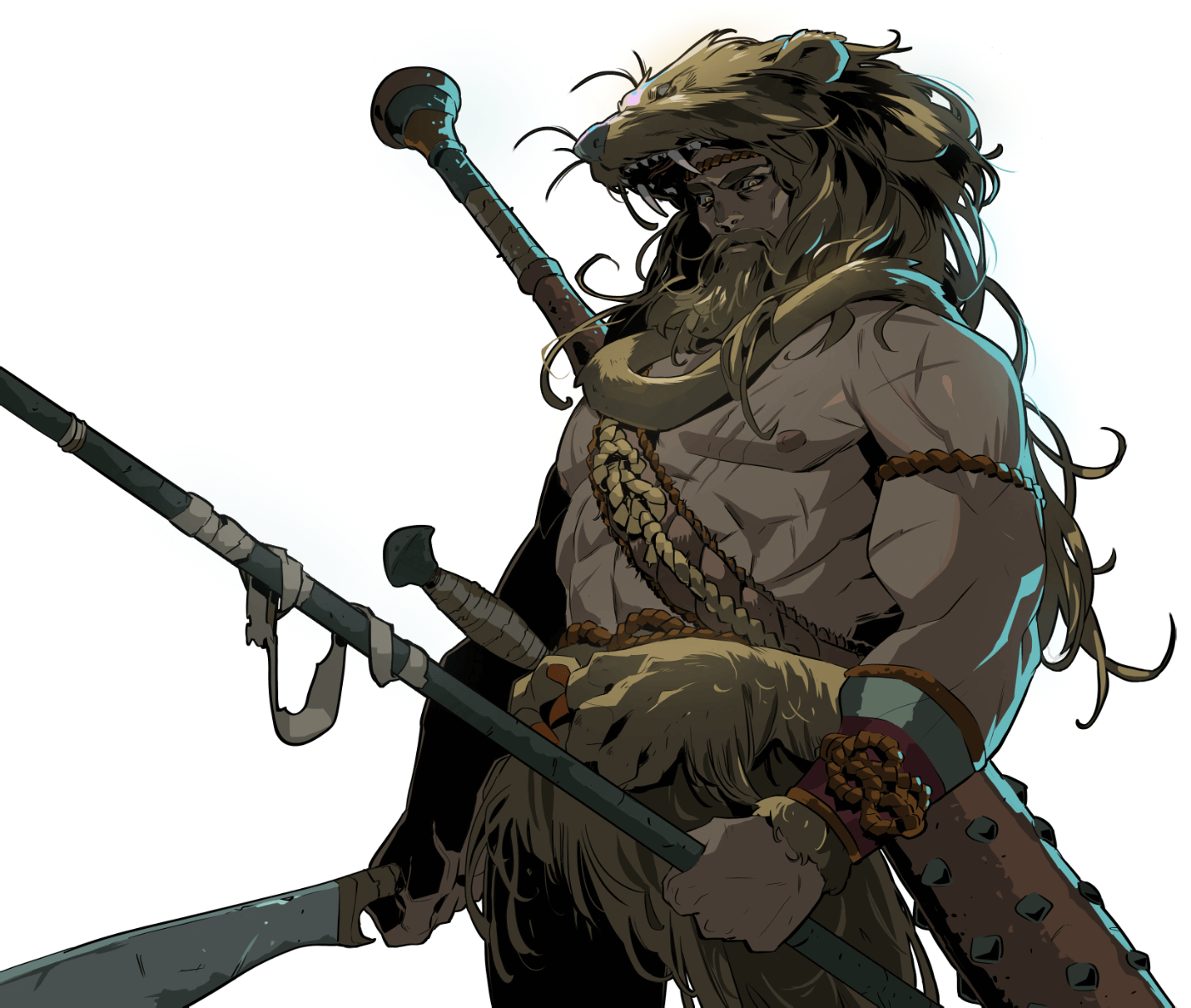 a fierce warrior with a lion head helmet and beard stands with a spear and sword. the character is muscled with braided hair, ropes tied around his torso, and fur on his clothing and helmet. he has an intense expression and looks like he's in the middle of battle.