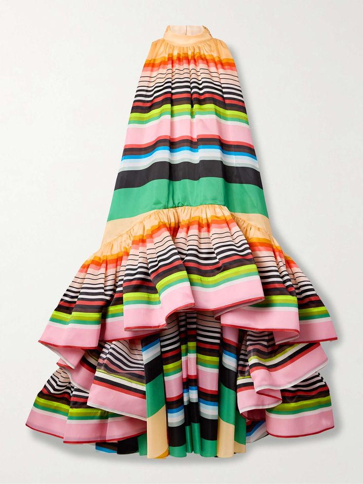 a vibrant, multicolored halter dress with a highlow hemline, featuring a striped pattern and multiple ruffled layers. the dress is made from a lightweight fabric and has a loose, flowing silhouette. it is perfect for a summer party or special occasion.