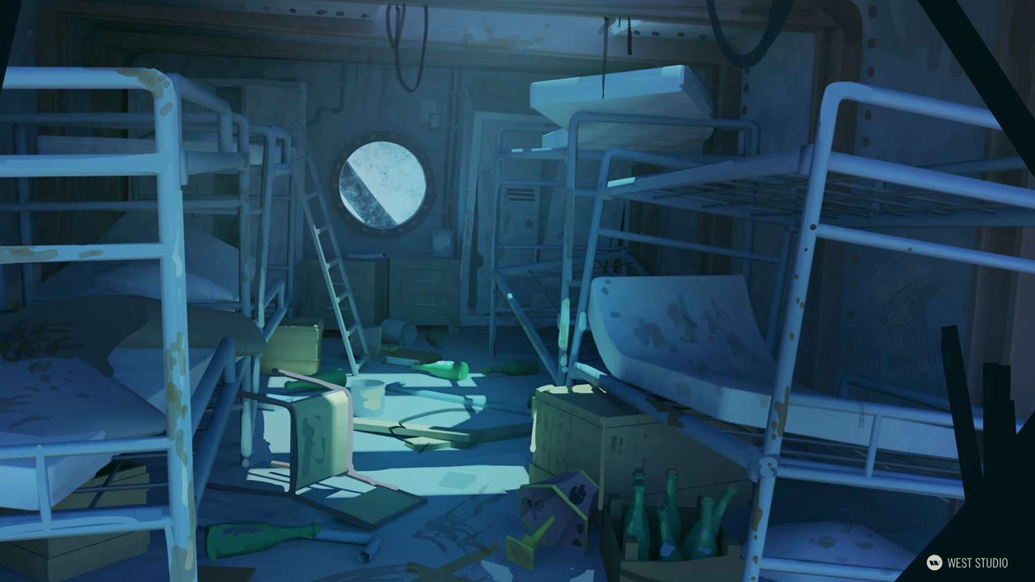 the image shows the interior of an abandoned ship's quarters. there are multiple bunk beds in disarray, with mattresses askew and belongings scattered on the floor. the room is dimly lit, with light filtering in through a porthole and possibly an overhead source. the overall atmosphere evokes a sense of abandonment and decay, hinting at a past event that led to the ship's current state.