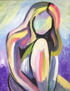 a colorful abstract painting of a woman with her face obscured. the painting is done in vibrant hues of pink, purple, yellow, and green. the woman's hair is long and flowing and she appears to be sitting or standing. the background is a blurred purple and blue.  the artist used thick, gestural brushstrokes to create a sense of movement and energy. the painting is both abstract and representational, and it is open to interpretation.  the painting is a beautiful example of the artist's use of color and form. it is sure to evoke a sense of wonder and awe in the viewer.
