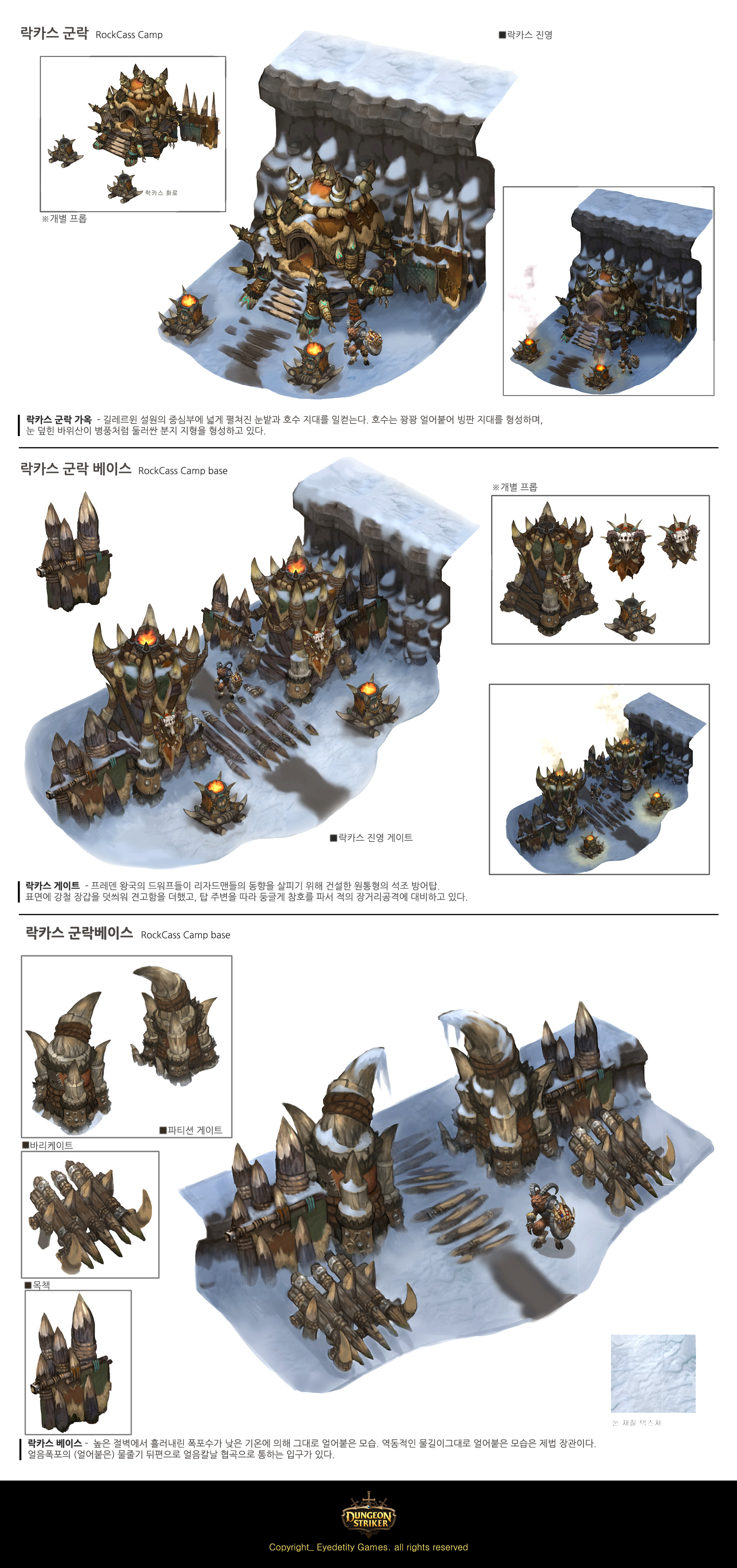 these concept art pieces depict exterior views of fortified buildings within a snowy, mountainous region. the buildings, seemingly inspired by a fantasy aesthetic, feature wood and stone construction with pointed roofs adorned with tusks or horns. the overall palette is muted, reflecting the overcast lighting conditions, with grays, browns, and whites dominating the scene. the perspective is primarily isometric, providing a clear view of the building layouts and surrounding terrain.
