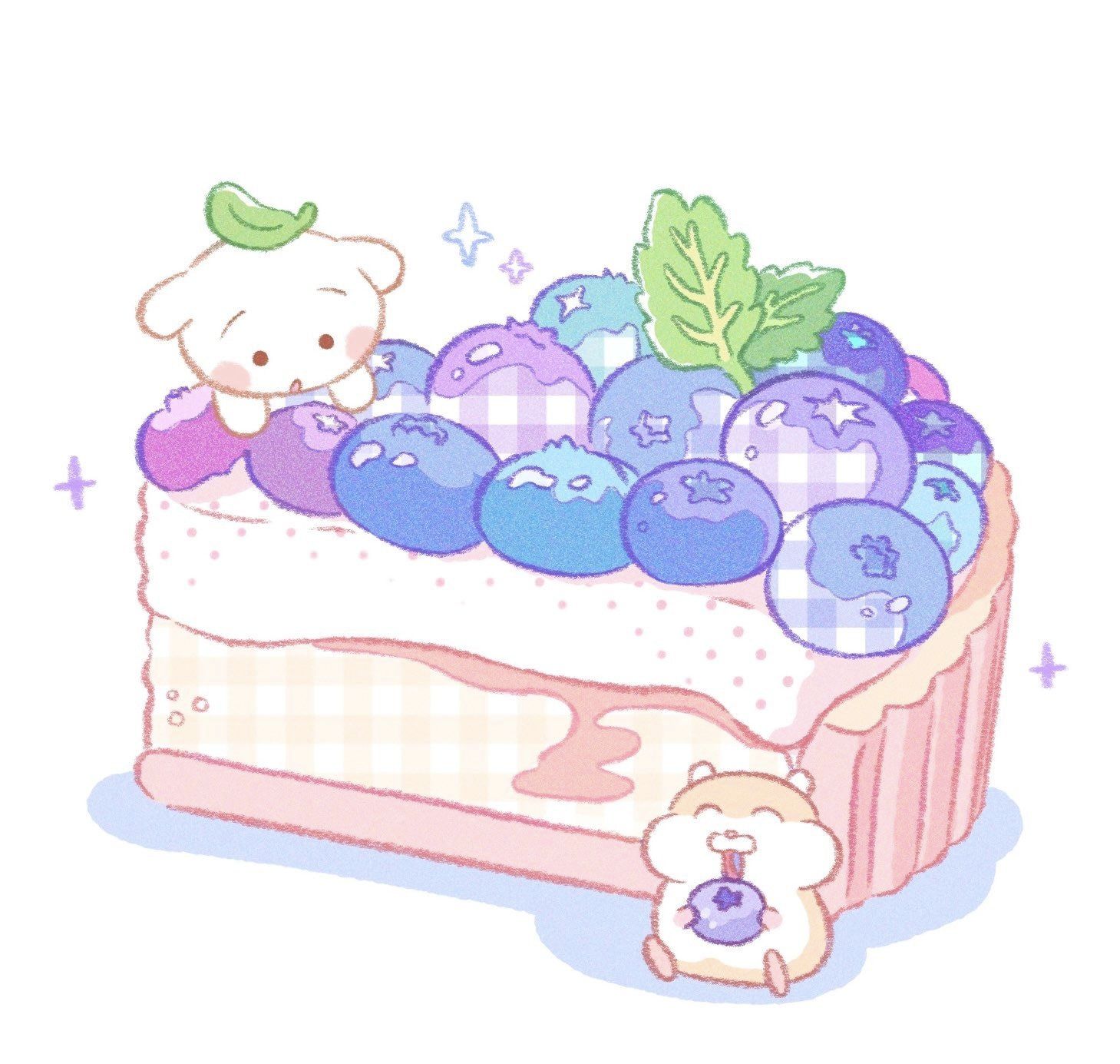 the illustration shows a slice of pastelcolored blueberry tart. the tart has a ginghampatterned cream filling and is decorated with stylized, pastelcolored blueberries.  a small, cute, white puppy is nestled among the blueberries on top of the tart. at the bottom of the tart, a tiny hamster is happily holding and eating a single blueberry. the overall style is very cute and kawaii, using soft pastel colors and simple, charming lines. the background is a plain white, making the pastel colors of the dessert and animals pop. the scene evokes a feeling of sweetness and whimsy.