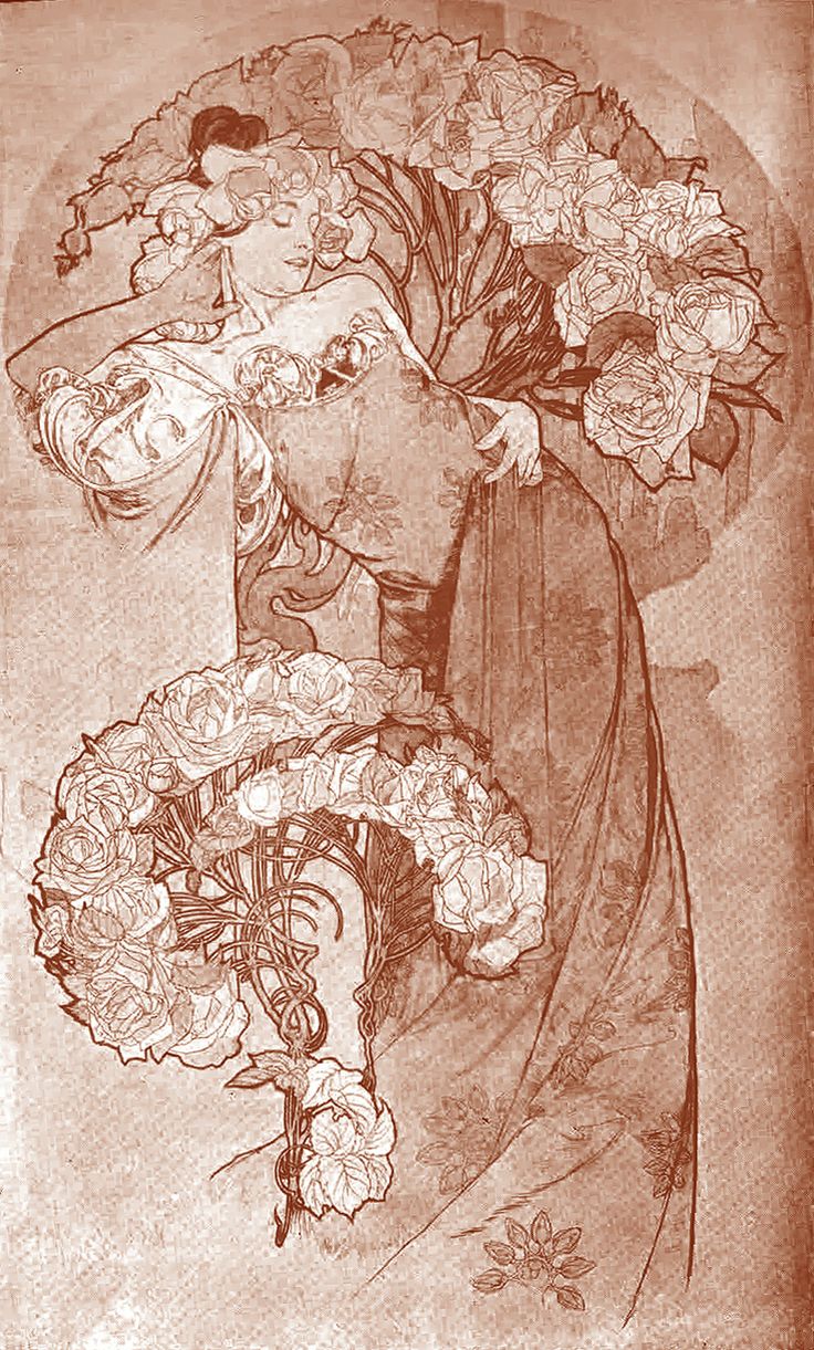 an art nouveau illustration depicting a woman surrounded by roses. she is dressed in an elegant gown and her hair is adorned with flowers. the roses are depicted in a stylized manner, with long, flowing stems and delicate petals. the overall impression is one of beauty, elegance, and femininity.