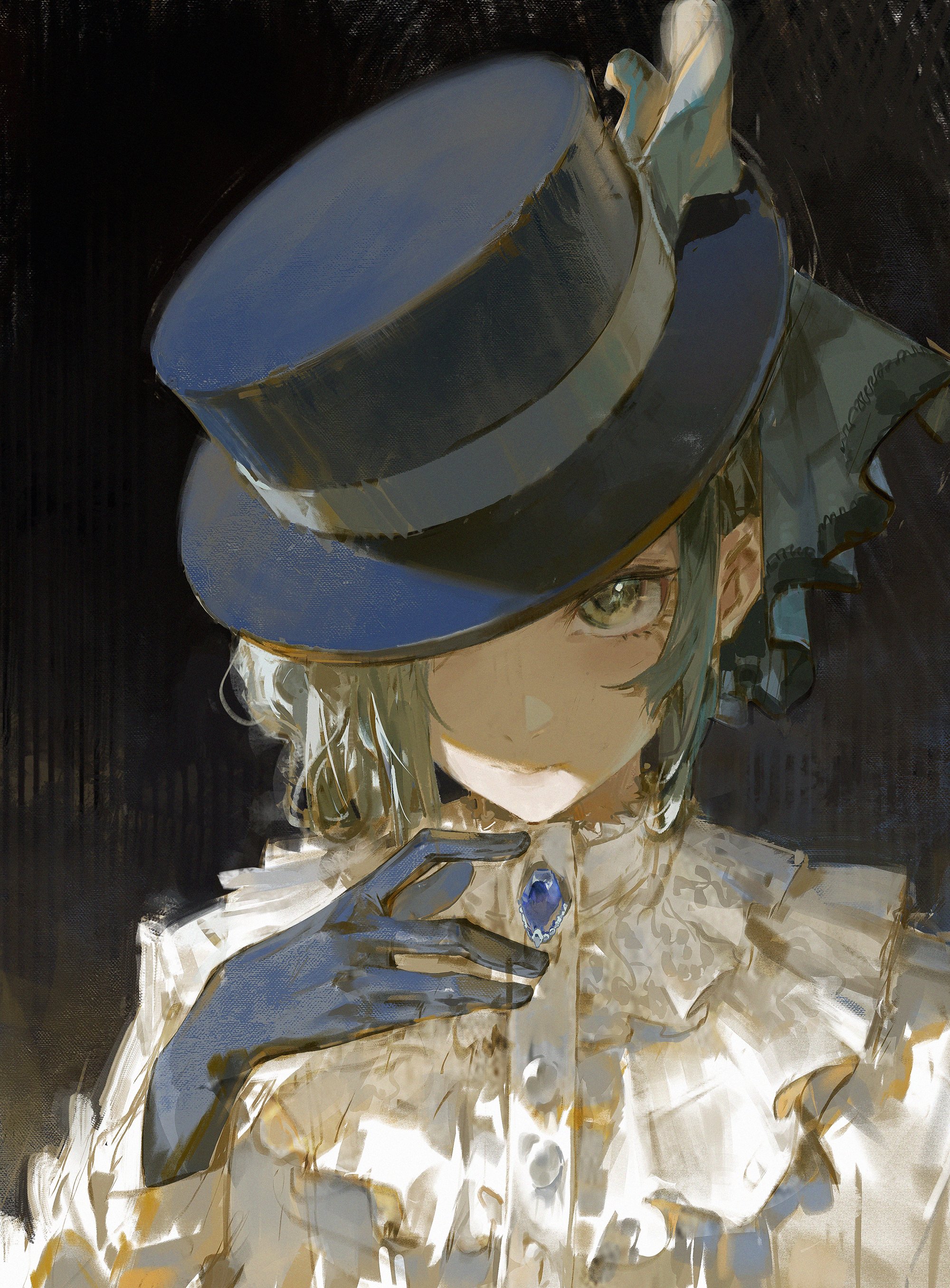 a portrait of a young anime woman wearing a black top hat and black gloves, her face is partly obscured by the shadow of the hat, she has green eyes and is looking down, she is wearing a white dress with a white collar and a blue jewel pinned to it. the portrait has a mysterious and elegant feel to it.