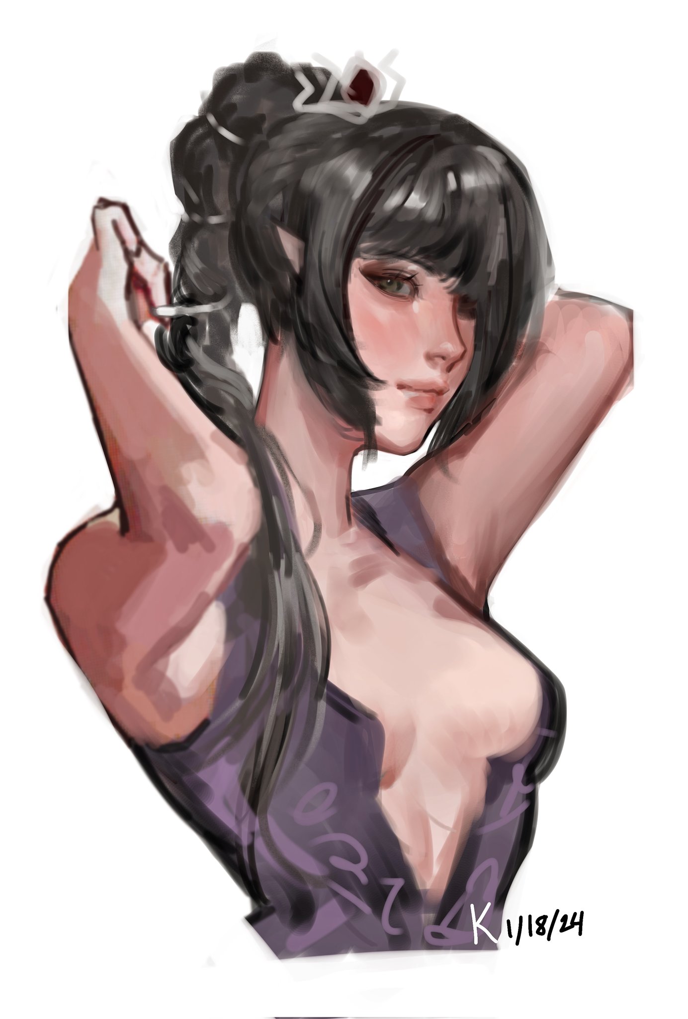 the image is a digital art illustration of a woman who appears to be an elf, characterized by her pointed ears. she has dark hair styled in a ponytail with bangs. she wears a small crown and a lowcut purple dress with a design on the chest area. her arms are raised behind her head, revealing part of her bare shoulders and collarbone. the style of the art is reminiscent of a painting, with visible brushstrokes and shading. the woman is depicted from the bust up.