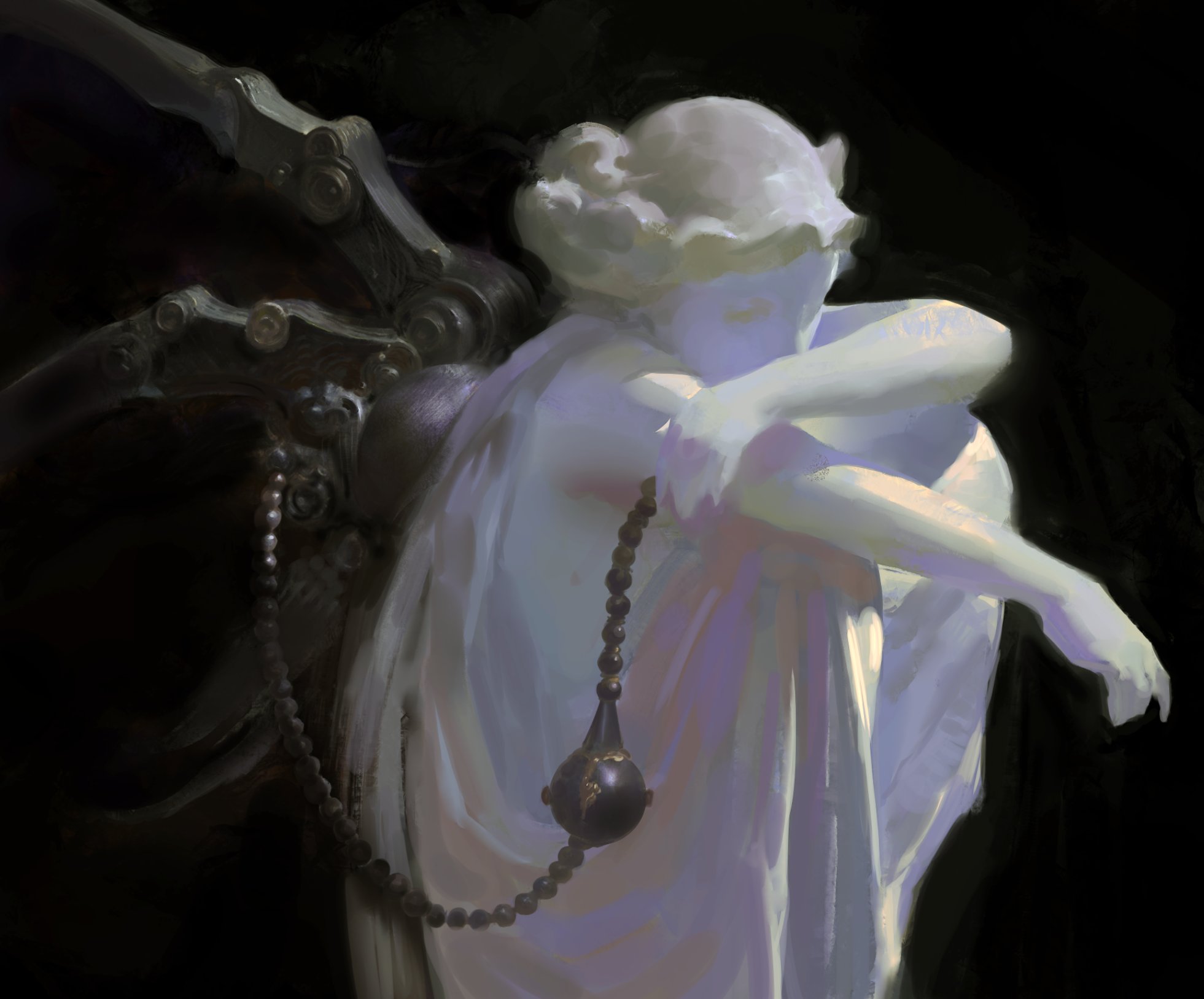 a digital painting depicts a statue of a woman with angelic wings. the woman is draped in fabric, which is gathered around her and falls to the ground, revealing the elegant lines of her body. she is holding a pearl necklace with a black orb at the end. the statue is illuminated by soft light, and there are shadows cast across the background. the overall impression is one of spirituality, grace, and beauty.
