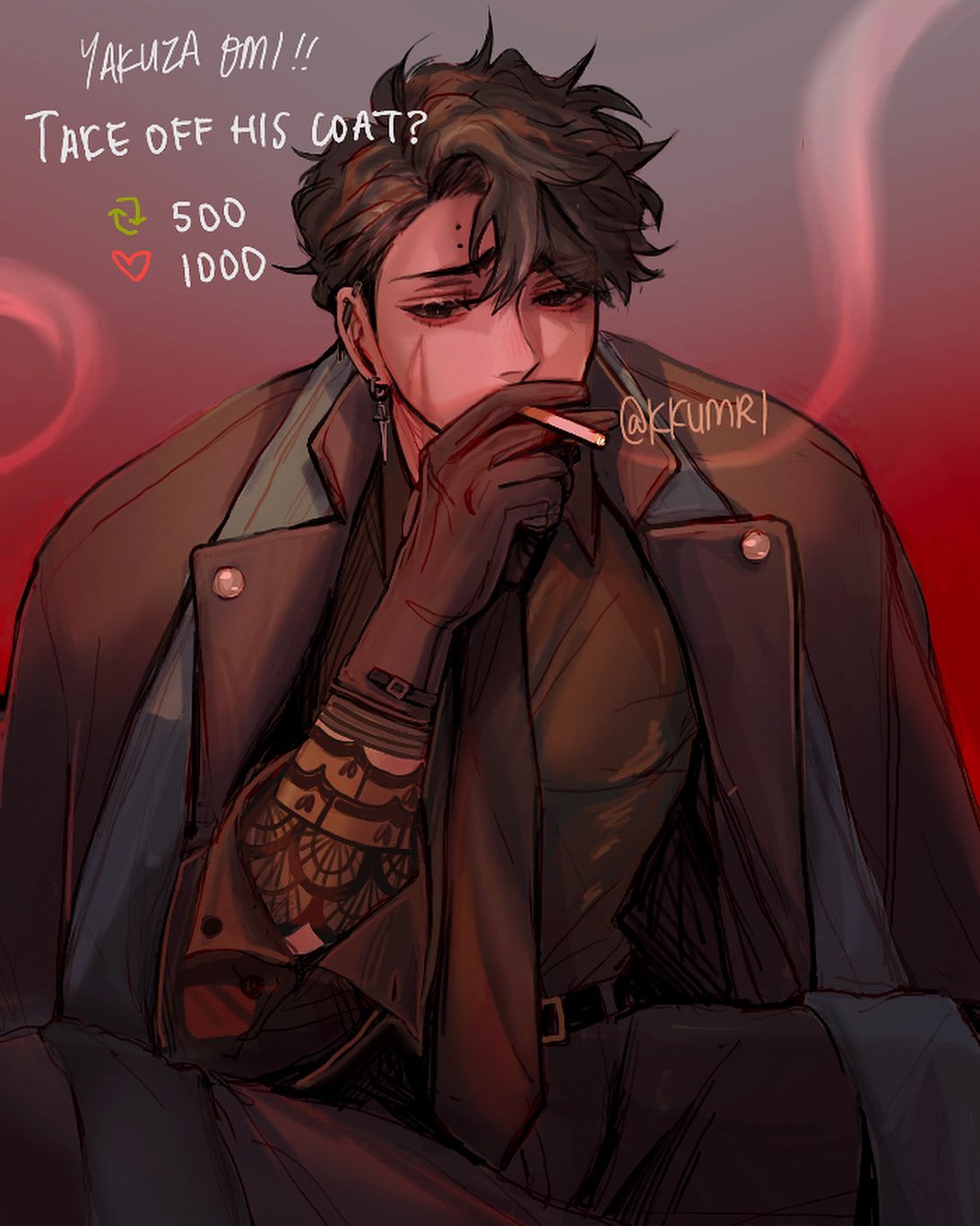 the image is a digital fanart depicting a stylish male anime character, possibly a yakuza member. he has dark hair, a serious expression, and is smoking a cigarette.  he's wearing an elegant dark coat, gloves, and a detailed tattoo on his arm. the art style is dark and moody, with red lighting adding to the atmosphere. text overlaid on the image suggests a pricing structure or gamerelated element ("take off his coat?" with associated point values).  the artist's tag "@kkumr" is visible in the artwork. the overall impression is one of sophisticated danger and intrigue.