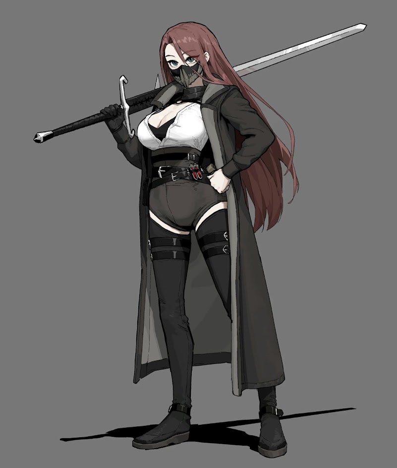 an anime female warrior with long red hair is standing in a serious pose holding a sword in her right hand. she is wearing a black mask, a long coat, and boots. the background is gray.