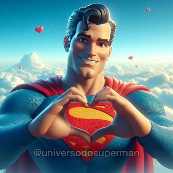 the image shows a 3d cartoon rendering of superman from the chest up. he is smiling and making a heart shape with his hands over his chest, centered on the iconic 's' symbol of his suit. the background is a bright blue sky with fluffy white clouds, and a few red hearts float in the air. the overall feel is cheerful, hopeful, and loving.