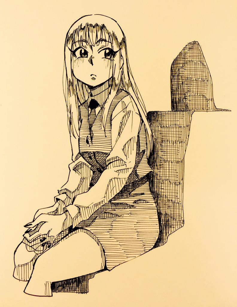 a black and white sketch of a young woman with long hair. she is wearing a collared shirt, vest, and skirt. she appears contemplative as she sits and looks off to the side. the drawing style is reminiscent of manga or anime, with detailed linework and shading using crosshatching.