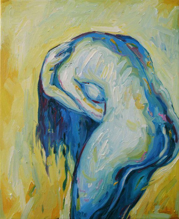 the painting is an abstract figurative work depicting a female nude. the figure is depicted in a dynamic pose, with the body contorted and twisted, and the limbs elongated and exaggerated. the painting is executed in a bold and expressive style, with thick brushstrokes and vibrant colors. the dominant colors are blue, yellow, and green, which are used to create a sense of movement and energy. the figure is rendered in a simplified and almost cartoonish manner, with the details of the body obscured by the bold brushstrokes. the overall effect is one of movement and dynamism, with the figure seeming to twist and turn in space.