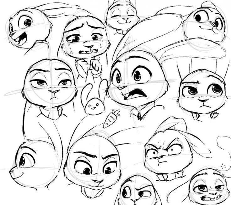 the image is a collection of black and white sketches of judy hopps from zootopia, showcasing various expressions and emotions. the sketches include judy crying, angry, happy, scared, surprised, and cute. a small drawing of a carrot is also present. it appears to be a character design sheet or expression study.