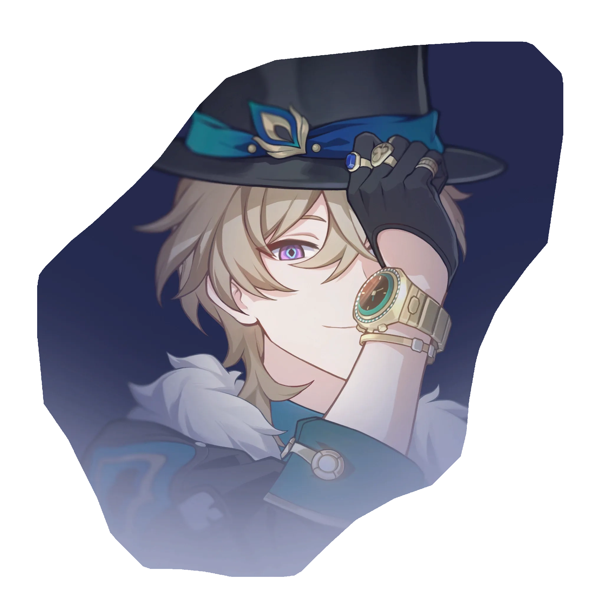 the image is a stylized digital portrait of an animestyle young man. he has blond hair, purple eyes, and is wearing a dark top hat with teal accents, black gloves, a gold watch, and several rings.  he appears elegant and somewhat mysterious, partially obscuring his face with the hat. his attire suggests a fantasy or possibly a game character setting. the art style suggests it might be fanart, possibly from a game like genshin impact given the character's design.  the background is a blurry, dark purplishblue, focusing attention on the character.  the image is presented with a slightly irregular, softlyedged border, giving it a vignette effect.