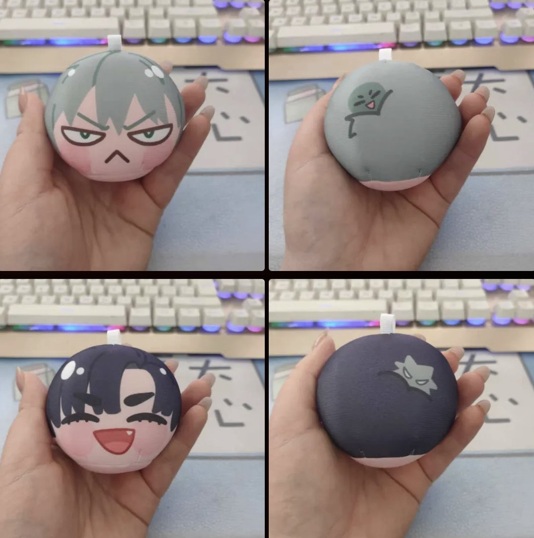 the image features four different mochi plush toys held in the palms of hands. each mochi is in a different pose and has a different facial expression. the mochis are all adorable and make for a fun and collectible display. the image is taken from a slightly tilted angle, providing a closeup view of the mochis.