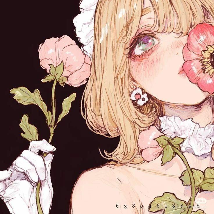 an animestyle digital art piece featuring a girl with blonde hair, bangs, and green eyes. she is wearing a flower earring and a white glove, and is surrounded by pink flowers. one flower obscures part of her face. she has blush on her cheeks and is wearing a white ruffled collar. the background is black.