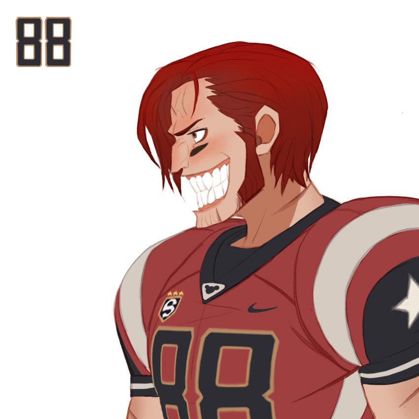 a digital illustration of a male football player with a mischievous grin. he has vibrant red hair and wears a red and white football jersey with the number 88. the background is plain white, and the image is cropped to show the player from the chest up.