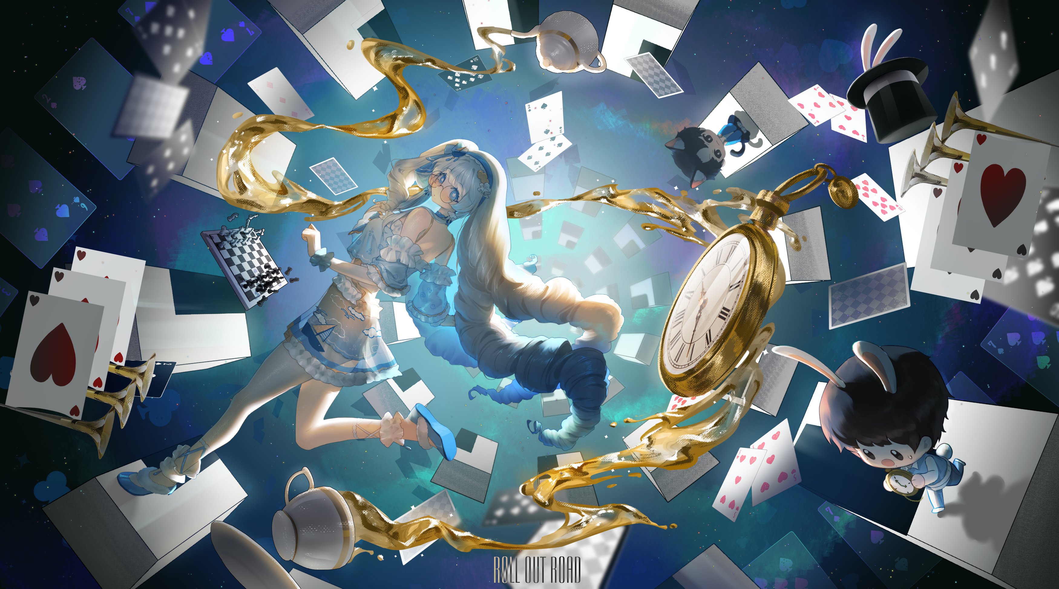 the image is a vibrant and surreal digital artwork depicting an animestyle girl, reminiscent of alice from alice in wonderland, falling through a chaotic space filled with playing cards, a chessboard, a pocket watch, a teacup, and a rabbit character. the girl has long, lightcolored hair and is wearing a light blue and white dress.  a stream of golden liquid flows around her, adding to the dreamlike and whimsical quality of the scene. various game pieces and objects related to alice in wonderland are scattered around, creating a sense of disorientation and falling. the overall style is highly stylized anime, with expressive lines and vibrant coloring. the phrase "roll out road" is subtly written near the bottom center.