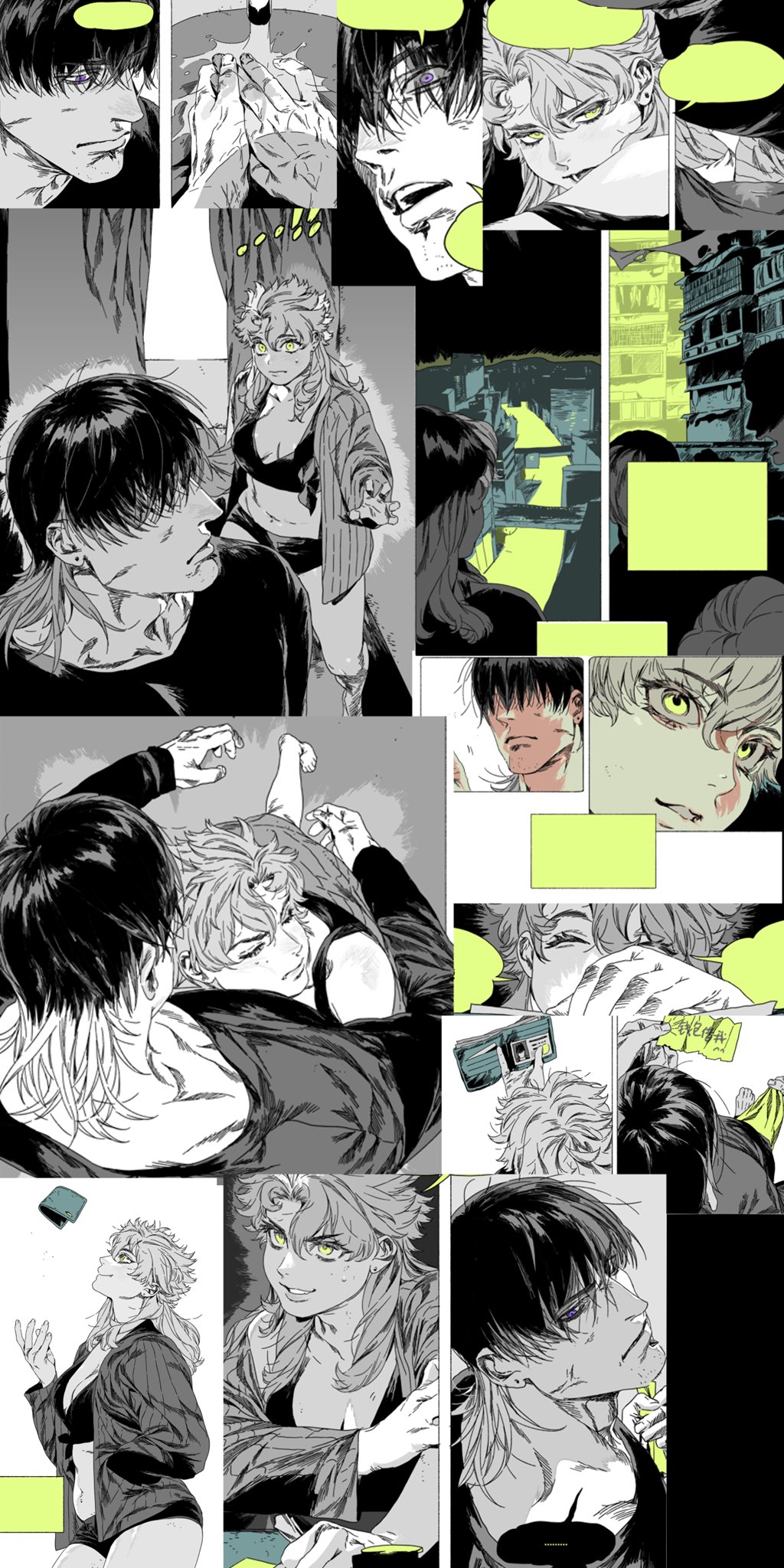 this is a collage of monochrome manga panels showcasing various scenes and characters. there are multiple closeups of characters' faces with intense emotional expressions. a fight scene is depicted with a man punching another. a woman in a partially unbuttoned shirt is also featured in several panels. the art style is detailed and stylized.