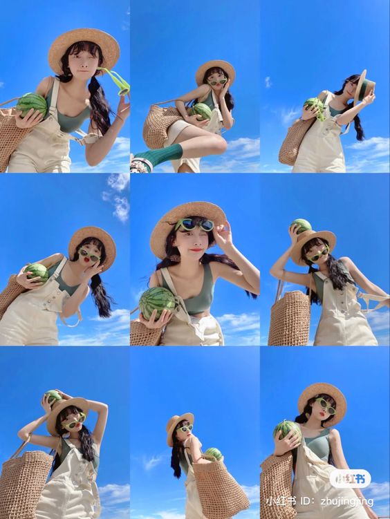 the image is a ninepanel photo collage of a young woman posing in various playful and stylish ways against a backdrop of a bright blue sky. she is wearing a straw hat, sunglasses, a green tank top, and white overalls. in most of the panels, she is holding a watermelon and a straw tote bag. the photos are taken from a low angle, creating a sense of height and fun.