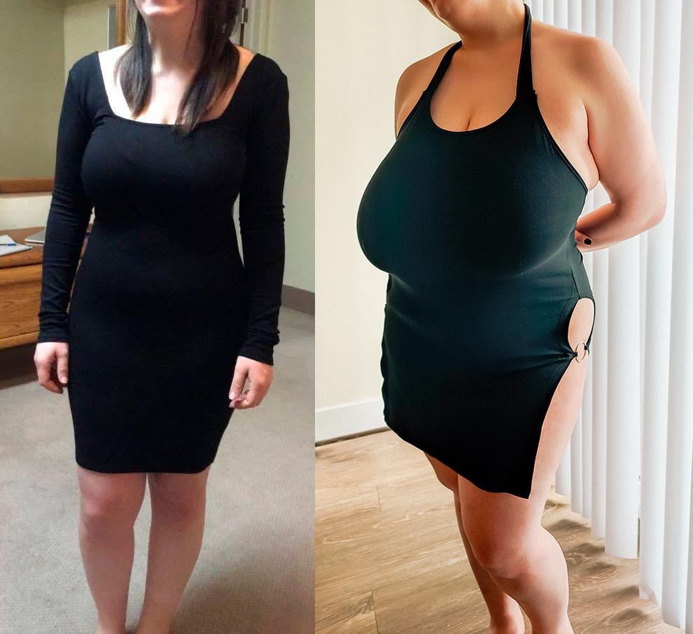 the image shows a sidebyside comparison of a woman in two different black dresses, likely to illustrate a beforeandafter weight loss transformation. on the left, she wears a longsleeved, bodycon midi dress with a square neckline. on the right, she's in a halterneck mini dress with a high side slit, accentuated by a metal ring detail. the images emphasize her change in body shape and promote body positivity.