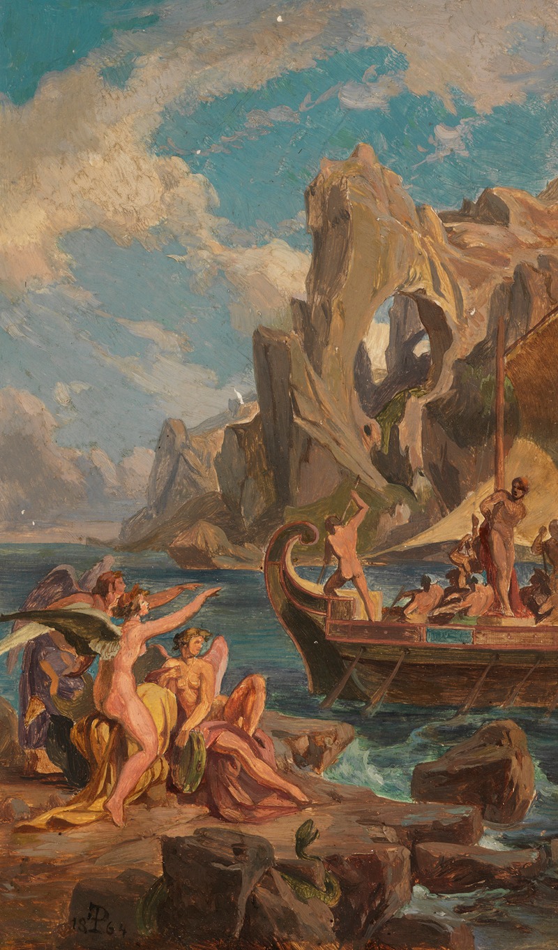 the painting depicts a mythological scene with a boat full of figures sailing near cliffs. on the shore, there are several nude figures, including winged individuals, and a serpent. the sky is cloudy and the ocean is visible.