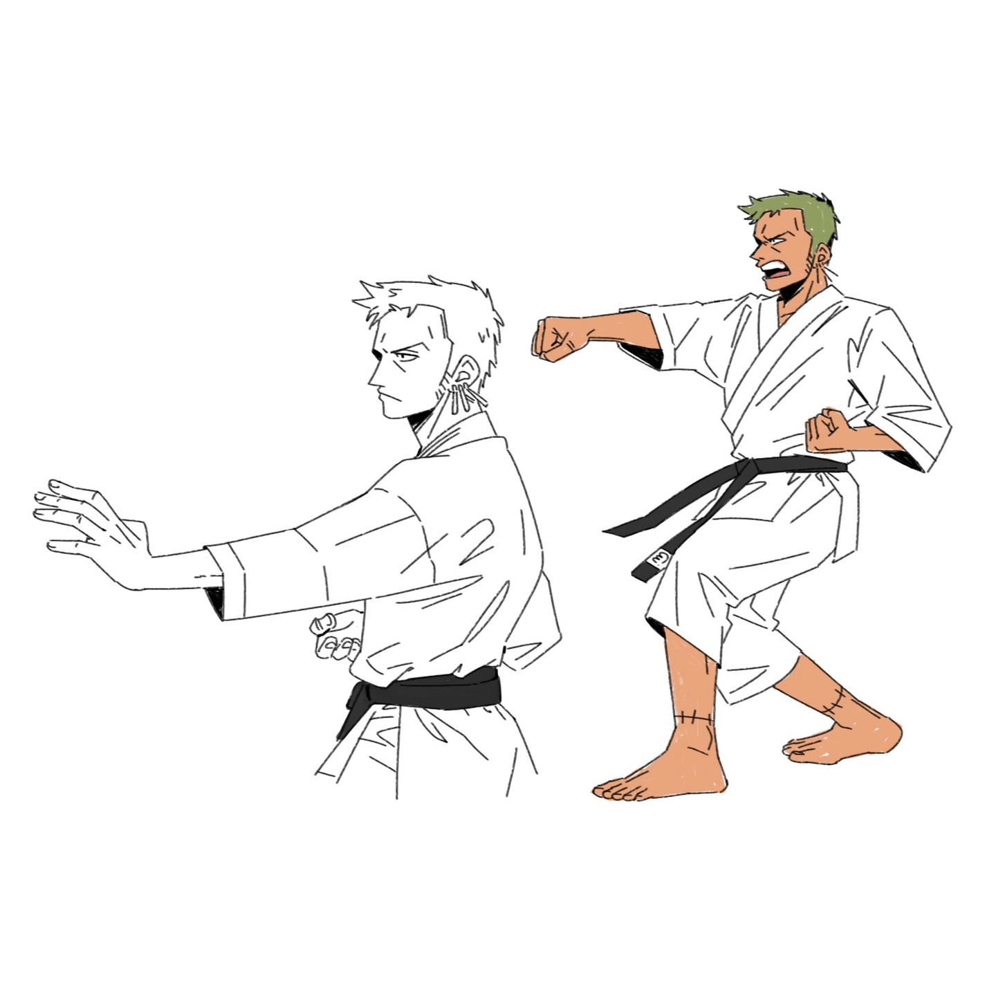 the image contains two sketches of roronoa zoro from the anime one piece.  one is a line drawing showing zoro in a karate stance, while the other is a more complete drawing, with skin tones added, depicting zoro midkarate punch. both are wearing traditional white karate gis with black belts. the style is anime/mangainspired, with dynamic poses emphasizing action.