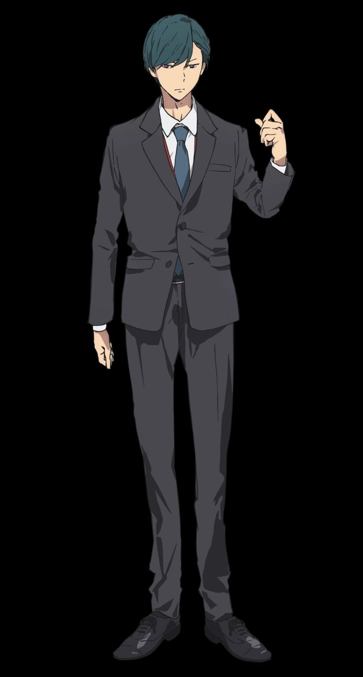 an anime character in a dark grey suit with a white shirt and blue tie is standing with one hand raised and a slight smile on his face. the background is black.