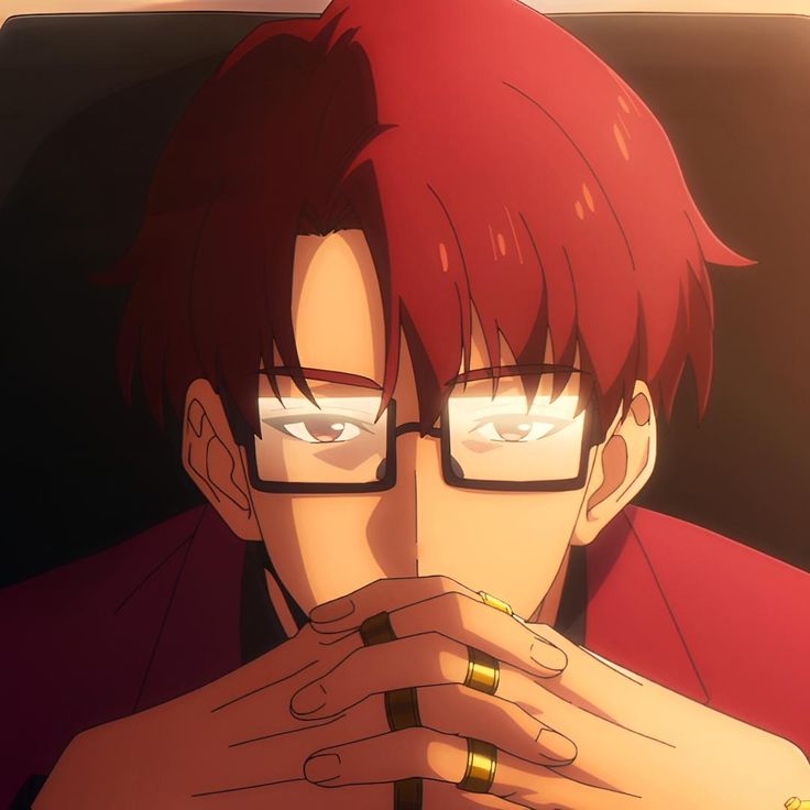 a closeup illustration of a young man with short red hair and glasses. he wears a serious expression, his hands clasped in front of his face, adorned with multiple rings. the lighting is dramatic, casting shadows and highlighting the sharp angles of his face. the background is dark and indistinct.