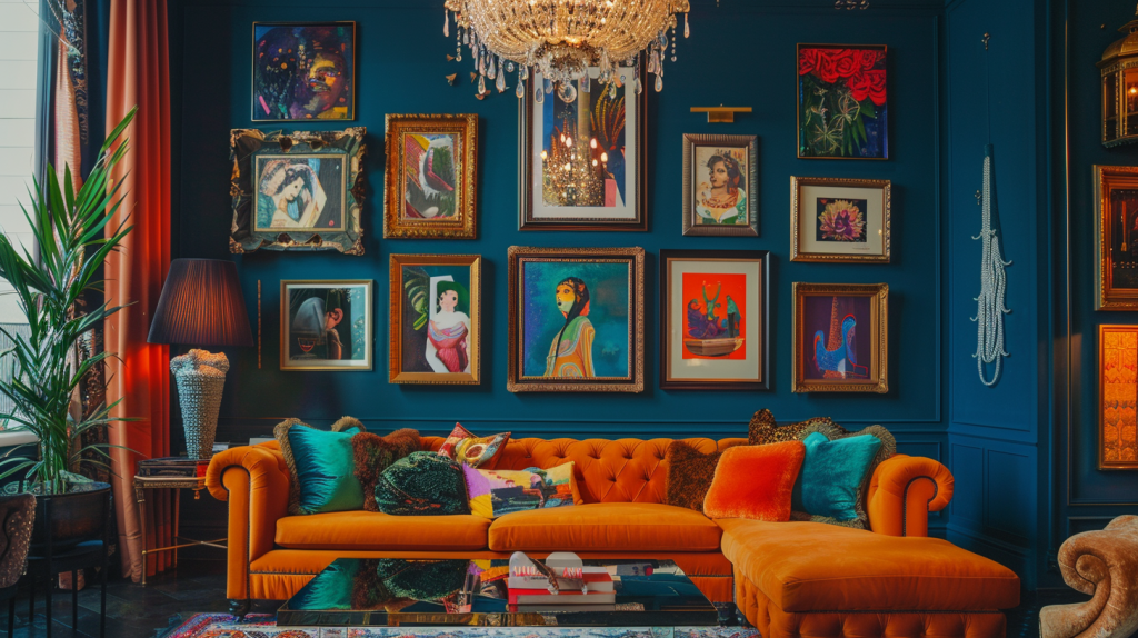this image shows an eclectically decorated living room with teal walls, a large orange couch, and a variety of paintings and decorations. the couch is covered in plush, velvetlike fabric and is situated in front of a wall adorned with several framed paintings in ornate gold frames. the paintings feature a range of subjects, from portraits to abstract scenes. an ornate lamp with a gold base and a black shade is placed next to the couch, casting a warm glow on the room. the couch is covered in a variety of throw pillows in various textures and patterns, adding a touch of luxury and comfort.  the entire room is adorned with an eclectic mix of elements that contribute to a bohemian and glamorous ambiance.  the overall aesthetic of the room is both stylish and inviting, exuding a sense of warmth and sophistication.
