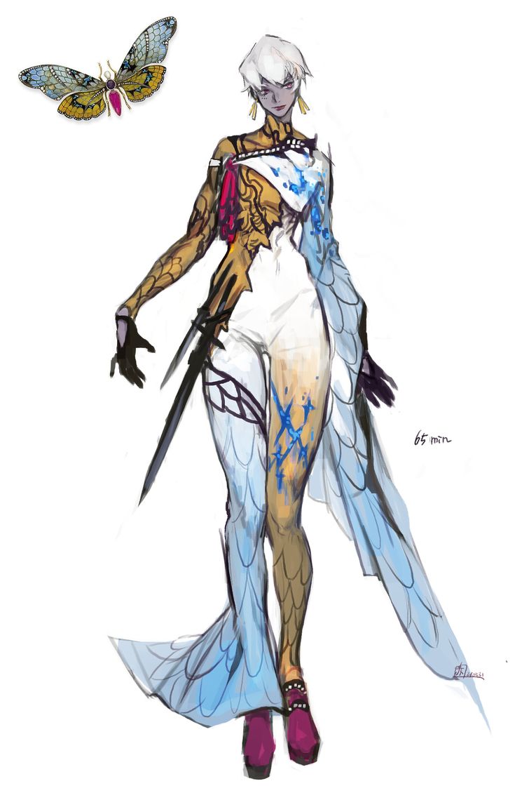 the image is a digital painting of a character concept. the character is androgynouspresenting with pale skin and short white hair. they wear a striking outfit combining elements of flowing blue fabric with a gold and patterned underlayer. the outfit features intricate details and what seems like tattoos or body paint.  a dagger is visible at their hip. the character's attire incorporates a moth motif, with a depiction of a moth also present separately in the upper left corner of the artwork. the style is highly stylized and combines elements of fantasy and fashion design. the overall impression is one of elegance and a mysterious, ethereal quality.  a time notation, "65 min," suggests the artwork's creation time.