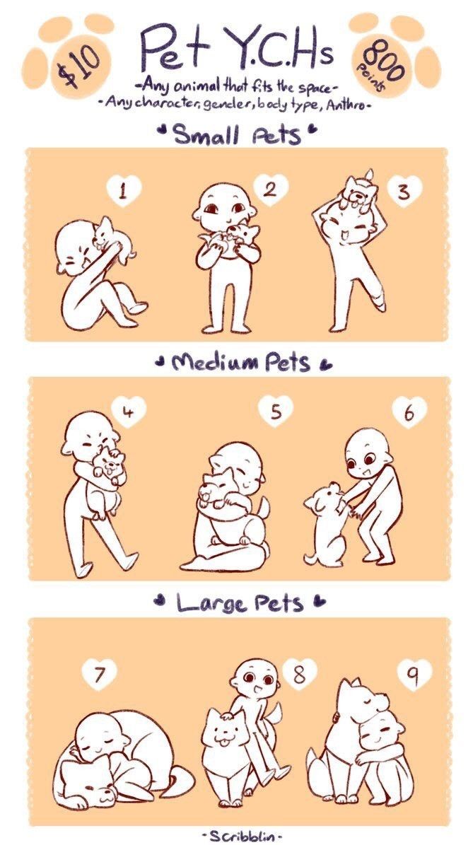 the image is a set of pet ychs. ych is a commission style where you choose a base/pose and get your own character drawn in it. this image has 9 ych options, with three categories: small, medium, and large pets. the image is designed with adorable cartoon style chibi character poses. the pets are drawn with simple lines.