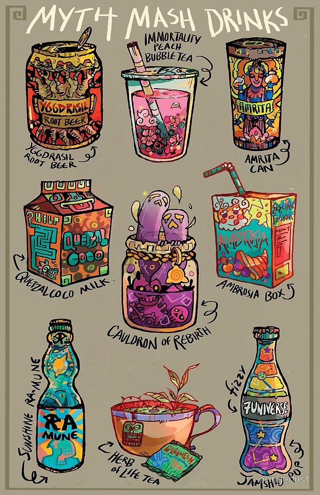 a poster featuring a collection of fantastical beverages labeled as "myth mash drinks". each drink is named after a mythical or legendary element: "yggdrasil root beer", "immortality peach bubble tea", "amrita can", "quetzal coco milk", "cauldron of rebirth", "ambrosia box", "sunshine ramune", "herb of life tea" and "7universe pop", each with a unique and creative design. the style is cartoonish and vibrant.