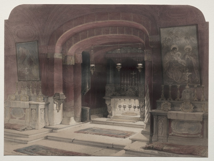 the image depicts the interior of a church sanctuary. an altar is visible in the center, adorned with chalices, candles, and religious ornamentation. two paintings hang on the walls, depicting religious scenes. hanging lamps illuminate the space, while pillars support arched ceilings. rugs are placed on the steps leading to the altar. the overall atmosphere is one of reverence and religious significance.