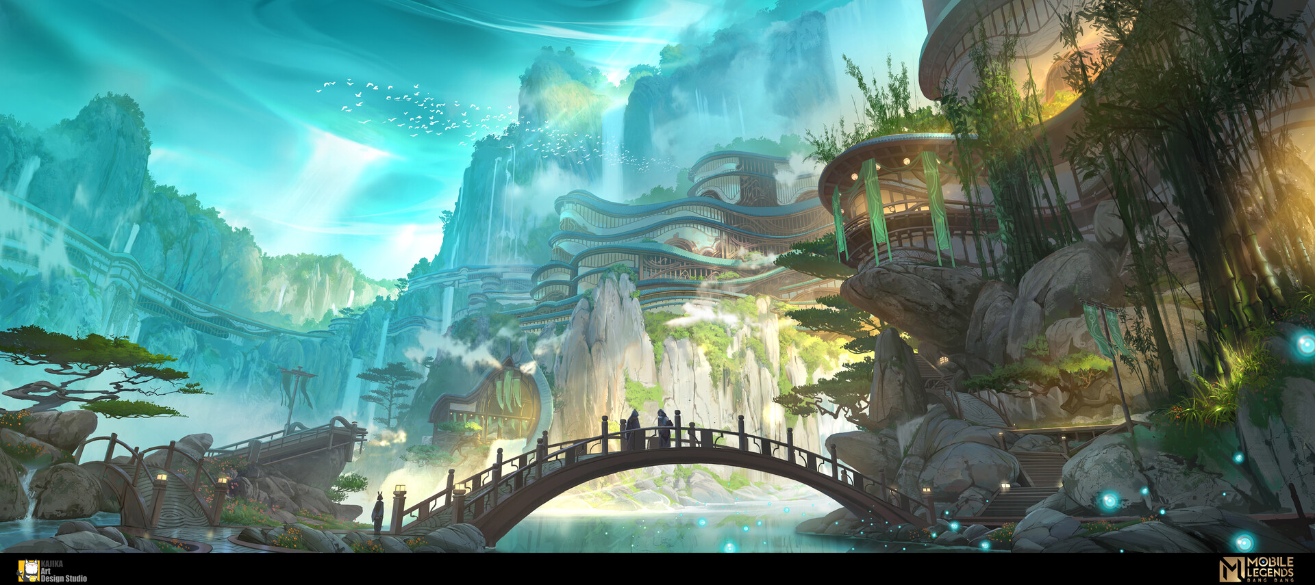 the image showcases a breathtaking landscape painting of a mystical city nestled amidst towering mountains and cascading waterfalls. the city is a harmonious blend of nature and architecture, with buildings seamlessly integrated into the surrounding cliffs. lush greenery adorns the structures, while delicate bridges connect different parts of the city. the waterfalls plunge into crystalclear rivers that meander through the scene, reflecting the vibrant hues of the sky. the overall atmosphere is one of tranquility and enchantment, inviting viewers to immerse themselves in this fantastical world.