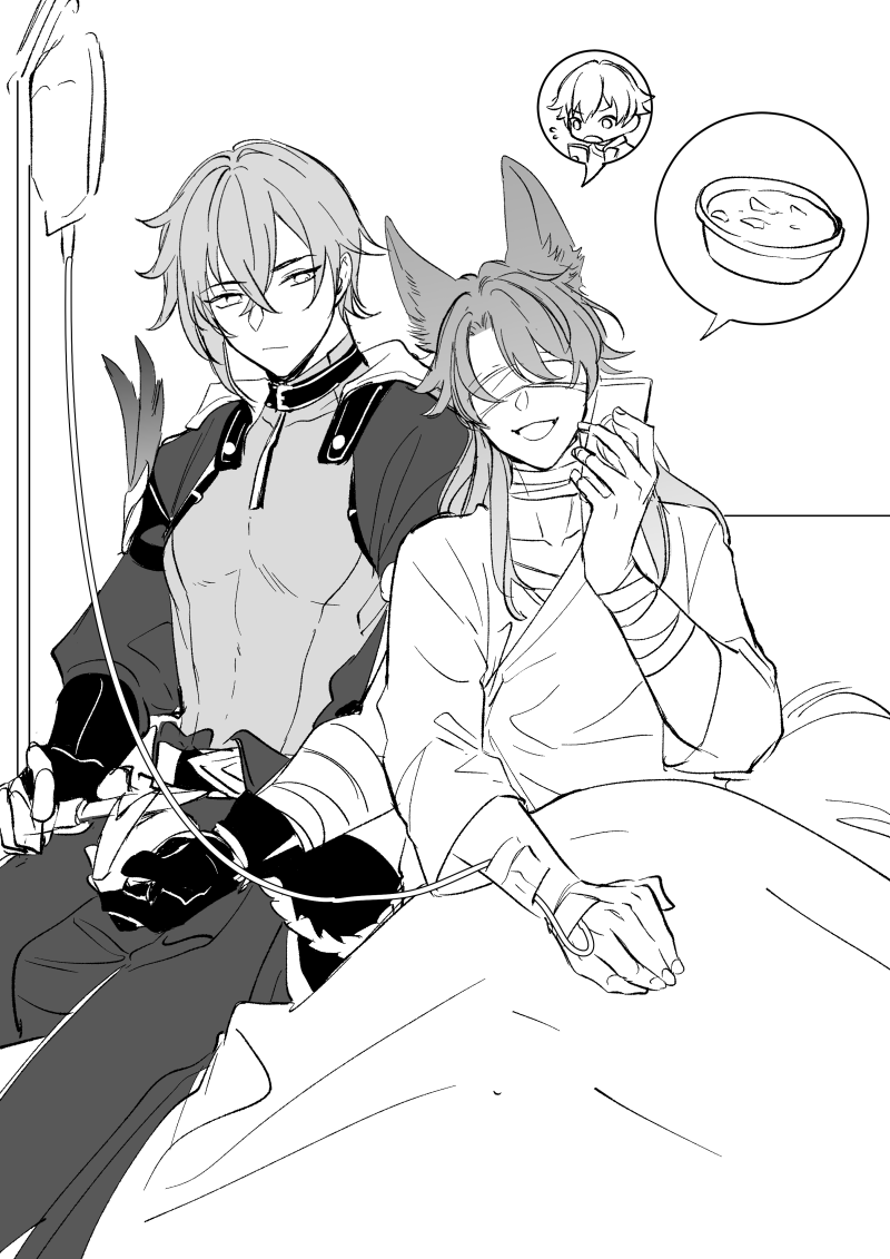 the image is a black and white illustration of two anime boys. one boy is lying in a hospital bed and the other is sitting next to him. they are both wearing bandages and the boy in the bed is receiving an iv drip. the boy sitting next to him is holding a bowl of soup and smiling at him. there is a thought bubble above the boy in the bed with a drawing of another boy, and a thought bubble above the boy sitting next to him with a drawing of a bowl of soup. the image is drawn in a manga style and features a lot of detail. it appears to be depicting a scene of care and support between two friends.  the drawing style of the image is somewhat simplistic with thin lines.