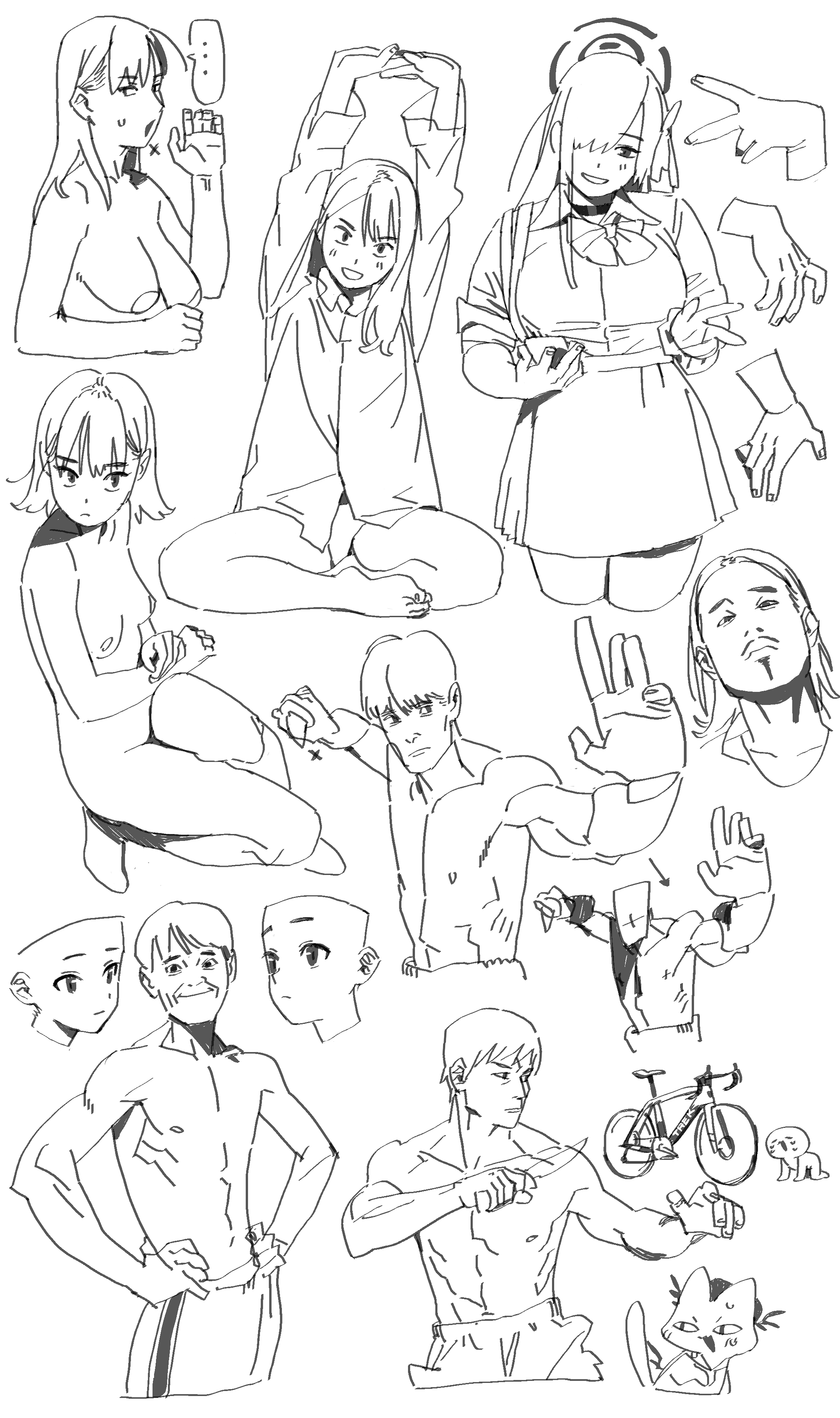a sketch sheet featuring various anime/manga style figures in different poses and with different expressions. there are nude figures, figures wearing clothing, close ups of hands, a bicycle, a cat, and a dog.