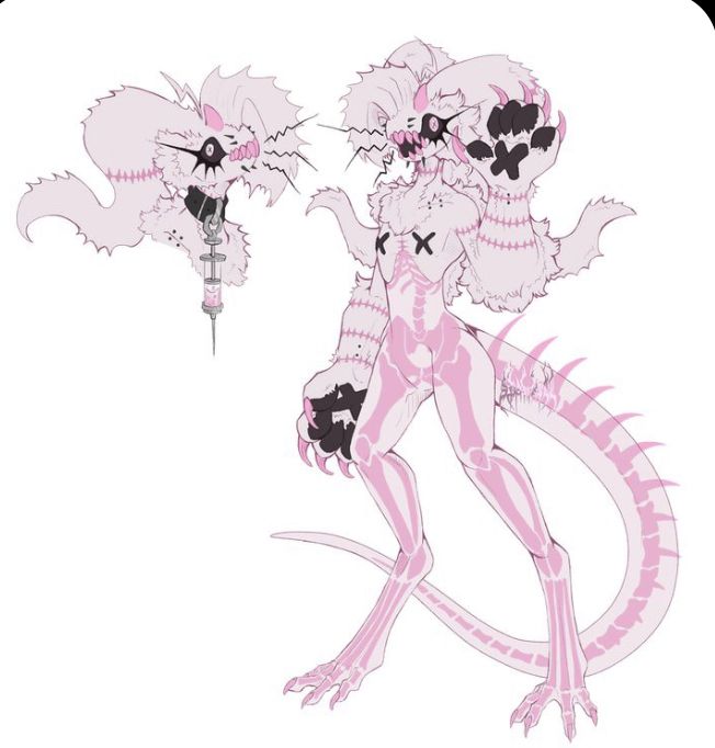 the image shows a furry monster design with three heads. the main body is pink with skeletal markings and black 'x' marks on its chest. it has large, black paws and a long tail with spikes. next to it, there's a floating head with a syringelike injector attached. the overall aesthetic is somewhat creepy and unsettling.