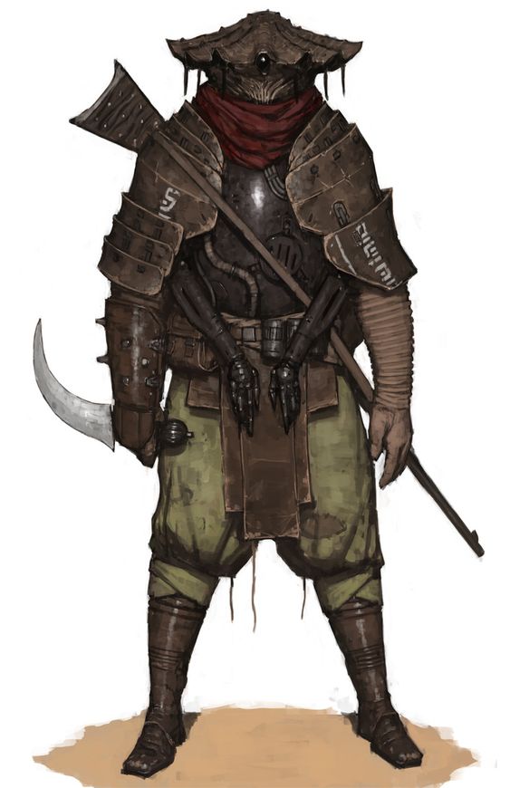 a fullbody illustration of an alien warrior standing in a desert environment. the warrior is clad in armor, with a rifle slung across their back and a curved blade held in their left hand. the design incorporates both futuristic and traditional elements, suggesting a blend of scifi and fantasy. the color palette is predominantly earthy and muted, emphasizing the rugged and desertinspired aesthetic.