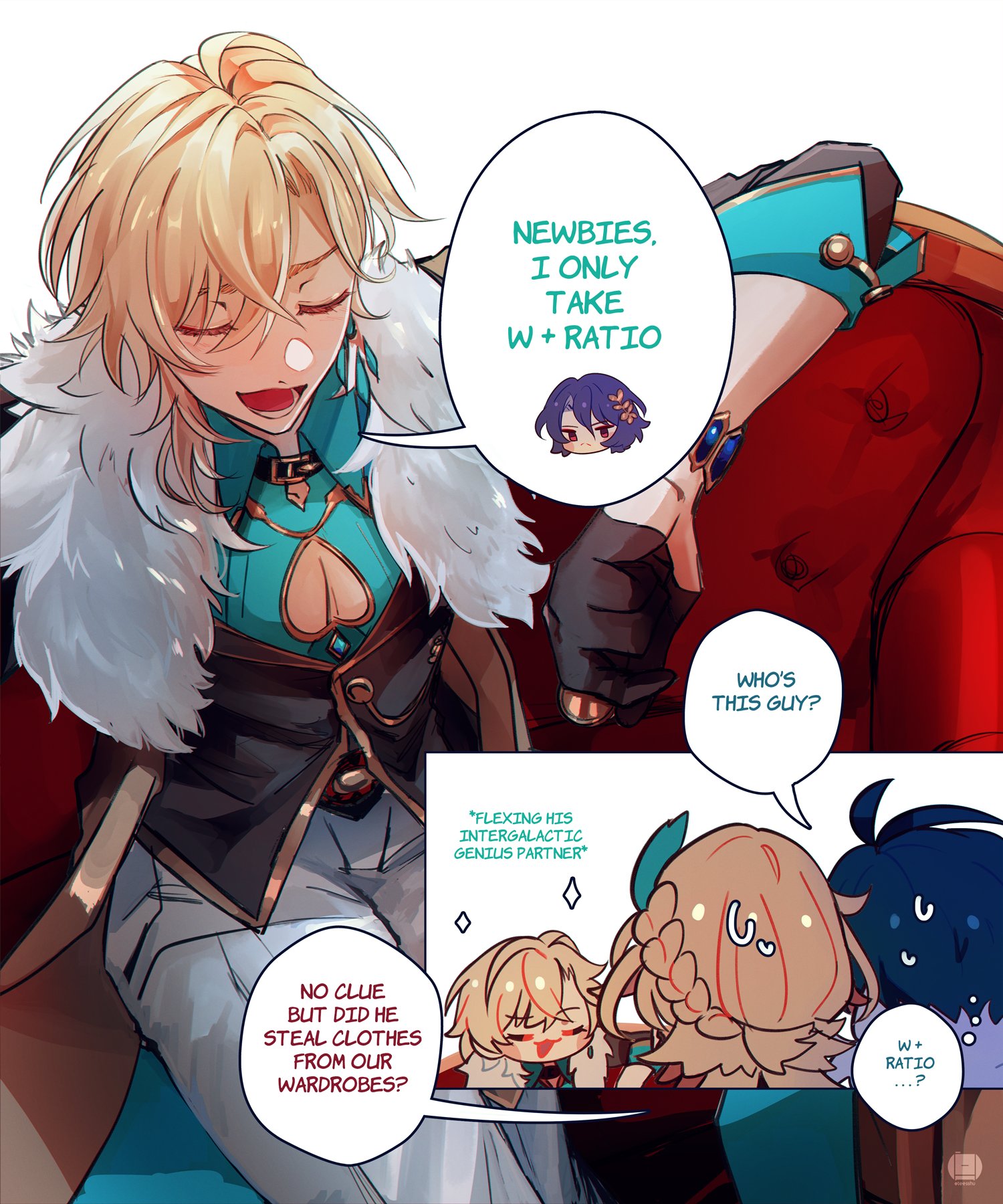 an image of an anime style comic with characters from the game genshin impact. the characters in the image are xiao, albedo, ganyu, and keqing. the comic is about xiao stealing clothes from albedo, ganyu, and keqing. xiao is sitting on a chair with his legs crossed, holding a cup of tea. he is wearing a black and white outfit. the other three characters are standing behind him. they are all wearing different clothes. xiao is talking to the other characters. he is telling them that he only takes “w+ratio” and that he doesn’t care about their feelings. the other characters are looking at him with anger and confusion. the comic is funny and satirical. it is a commentary on the culture of online gaming. the comic is drawn in a vibrant style with bright colors. it is a fun and engaging comic.  the comic is a part of a larger series that follows the adventures of xiao and his friends.