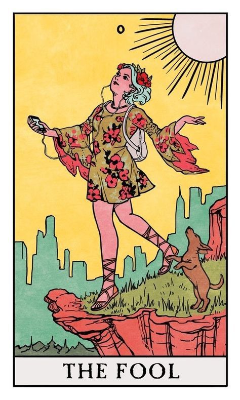the image is a stylized illustration of the "the fool" tarot card. it depicts a young woman with a flower crown, wearing a floral boho dress and backpack. she is walking off a cliff, seemingly carefree, with a small dog following her. she is listening to music using headphones and a device in her hand.  the background features a stylized cityscape under a bright sun. the overall style is retro and psychedelic, reminiscent of vintage illustrations with bold outlines and colors. the card's title, "the fool," is prominently displayed at the bottom.