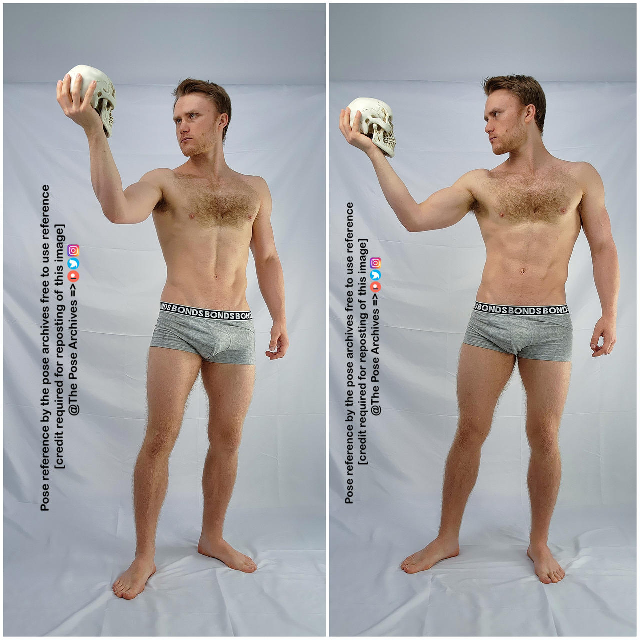 a caucasian man is standing with a human skull in hand while wearing grey underwear. the background and floor are white. there are two, nearidentical images sidebyside.